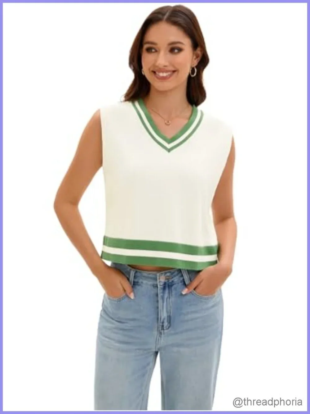 Cropped Sweater Vest V Neck Sleeveless Loose Fit Striped Knit Lightweight
